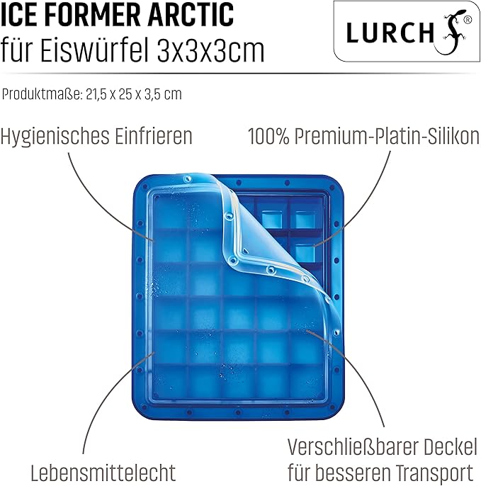 Lurch 240755 Ice Former Arctic Cube 3 cm Blue Ice Cube Tray for 30 Ice Cubes with Transparent Lid Blue