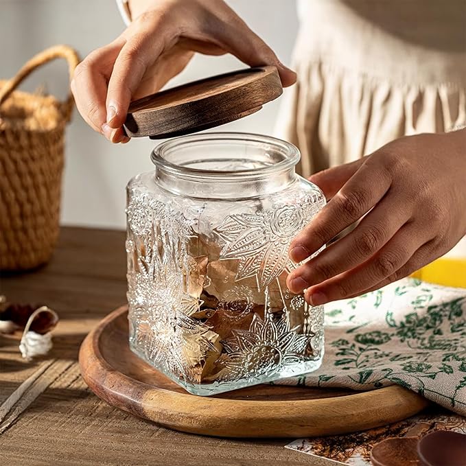 Custde Glass Storage Jars With Airtight Lid, 23.7oz Container For Kitchen Counter with Wood Lid, brown sugar, candy, coffee, cookie, salt, tea, cute Jar (Square Sunflower)