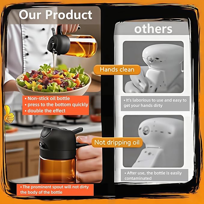 Oil Sprayer for Cooking 2 in 1, Olive Oil Dispenser for Kitchen Gadgets, 16oz/470ml Premium Light-Blocking Oil Bottle, Food-Grade Spray Bottle, for Salad, Air Fryer, BBQ (Brown)