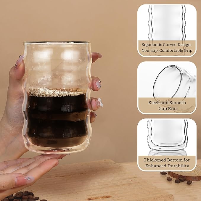 Joeyan 14.5oz Double Wall Glass Tumbler, Wave Shape Insulated Thermal Glass Cups for Hot Cold Drinks, Clear Tall Drinking Highball Glasses for Iced Coffee, Latte, Matcha, Tea, Smoothie, Set of 2