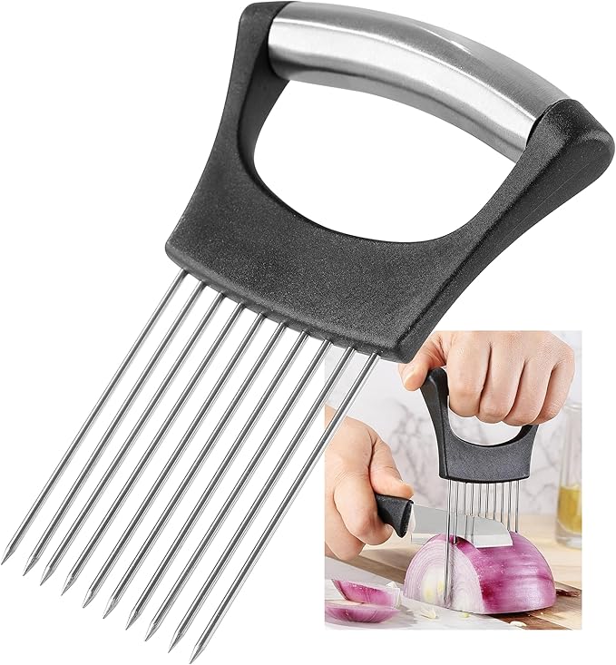 Onion Slicer, Mumulo Stainless Steel Onion Cutter for Slicing and Storage Onions, Tomato, Eggs and Vegetables, Protective Cover Included, Dishwasher Safe (Black)