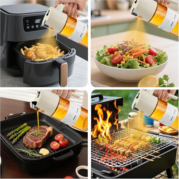 LAKUMIQI 2 in 1 Oil Sprayer for Cooking, 17oz Light-Blocking Glass Spray Bottle with Stickers, Oil Dispenser for Salad, Air Fryer & BBQ
