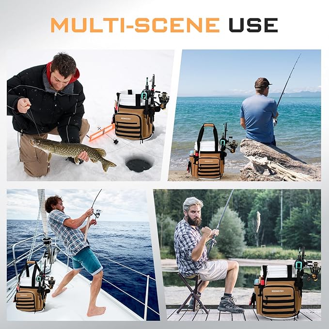 Boomistry Fishing Bucket Organizer for 5 Gallon Bucket Accessories, Fishing Tackle Bag with Adjustable Buckle, Fishing Rod Bag with 15 Multi-Pockets for Fishing Gear and Equipment (Khaki)