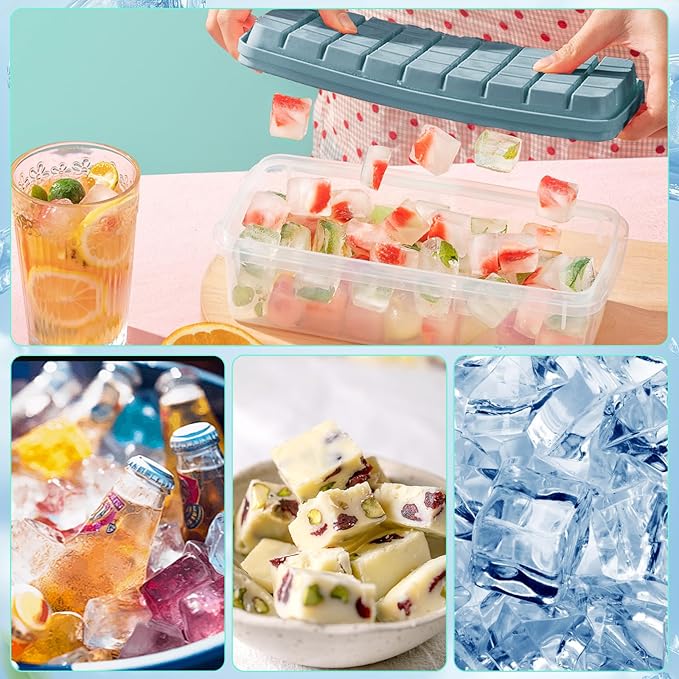 2 Pcs Easy Release Ice Cube Trays, Blue Flexible Silicone Ice Cube Molds Removable Lid Stackable for Whiskey, Beverages, Baby Food (15 cubes 0.7oz)