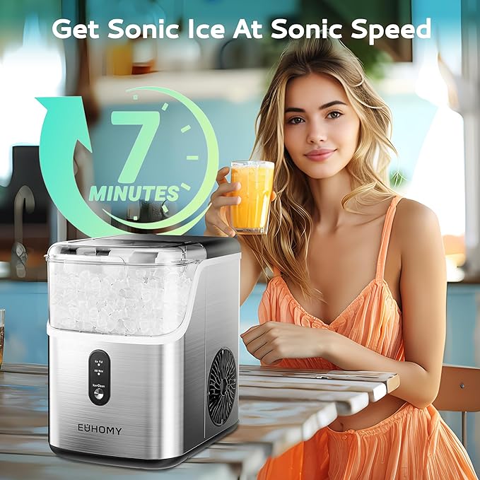 EUHOMY Nugget Ice Makers for Countertop with Ice Scoop & Basket, Self-Cleaning Sonic Pebble/Pellet Ice Maker Machine with 35lbs/24H Soft Ice for Home/Kitchen/Office, Stainless Steel, Silver