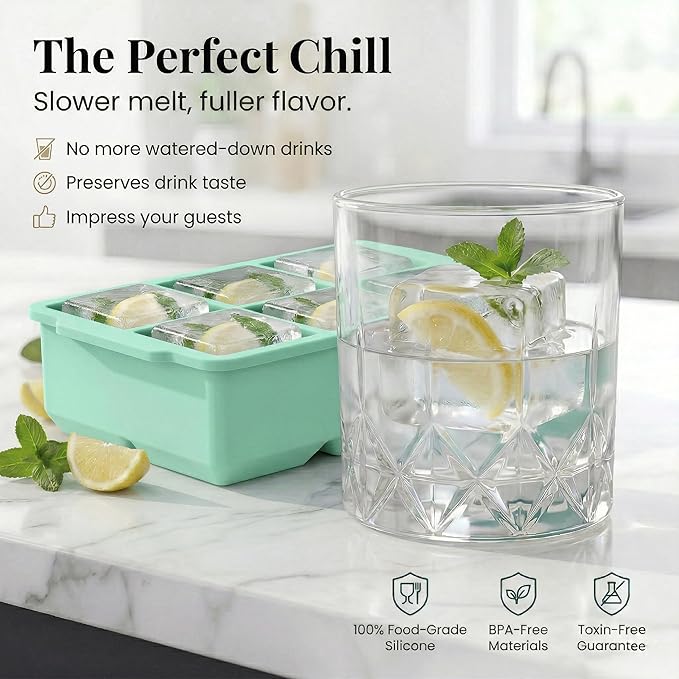 KitchFort Large Silicone Ice Cube Tray (3-Pack), Easy Release 2" Big Ice Cubes - Cocktail, Whiskey Ice Cubes Mold - Ice Trays for Freezer with Lid - Stackable Silicone Ice Tray - Green
