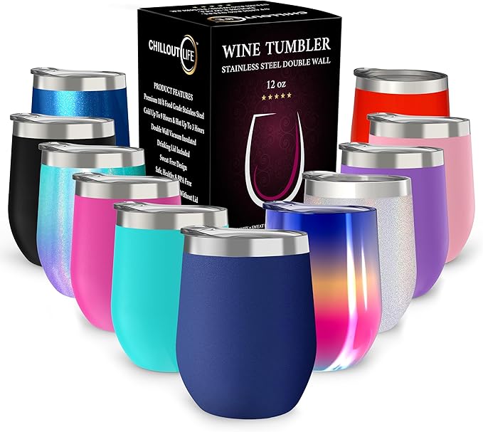 CHILLOUT LIFE 12 oz Stainless Steel Wine Tumblers 4 Pack - Double Wall Vacuum Insulated Wine Cups with Lids and Straws Set for Coffee, Wine, Cocktails - Powder Coated Navy Blue