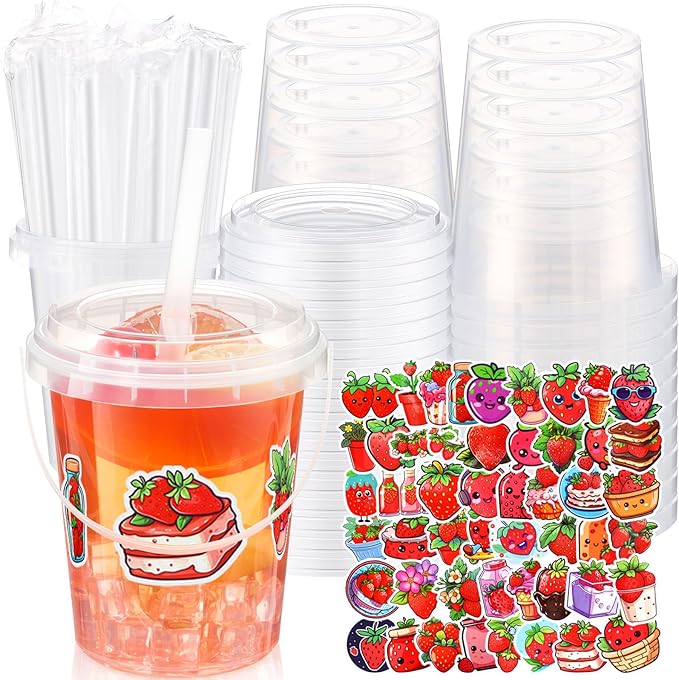 Funnymoom 30 Set Strawberry Drink Buckets with Lids and Straws 34oz Large Clear Plastic Cups Disposable Rum Cocktail Pails with Handles and Stickers for Summer Birthday Beach Pool Party Supplies