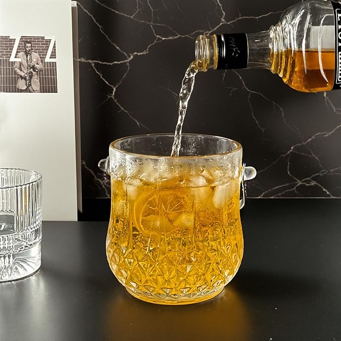 Lily's Home 1000ml -4.62" L x 4.62" W x 8.5" H - Glass Ice Bucket with Handle and Stainless Steel Tongs, Sparkling Ice Buckets, for Party,Wine Home Bar, Beer, Champagne, Cocktail Bar, Mini & Portable