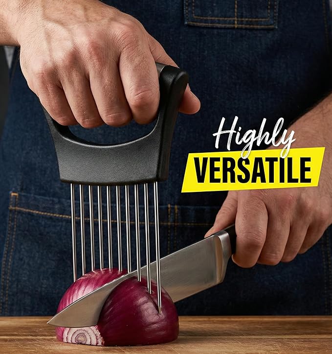 Onion Holder & Food Slicer Guide – Heavy Duty Stainless Steel Meat Tenderizer & Vegetable Cutter – Odor-Free Finger Guard for Onions, Tomatoes & Lemons (Dishwasher Safe)