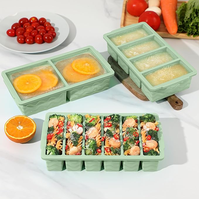 3-Pack Silicone Freezer Trays with Lid,2 Large 2-Cup(500ml)&4 Medium 1-Cup(125ml)&6 Small 1/2-Cup(75ml) Soup Freezer Container Molds,Ice Cube Tray For Meal Prep&Freezing Soup,Stews,Sauces