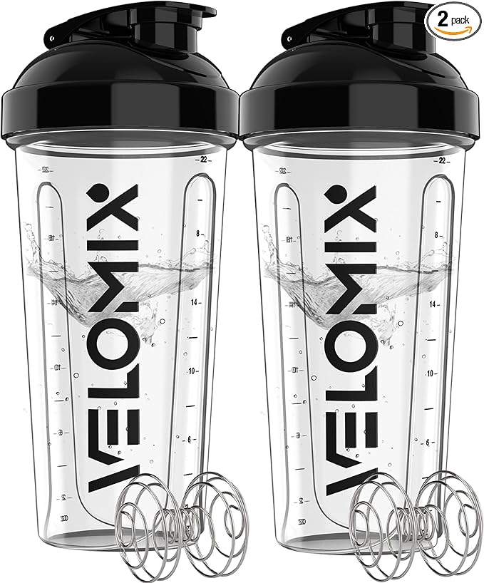 VELOMIX -2 Pack- 28 oz Protein Shaker Bottles for Protein Mixes - 2x Wire Whisk | Leak Proof Shaker Cups for Protein Shakes | Protein Shaker Bottle Pack | Shakers for Protein Shakes - 2xTransparent