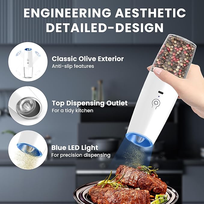 UNNEES Rechargeable Electric Salt and Pepper Grinder set of 2, gravity electric salt and pepper grinder set, Adjustable Roughness, LED Light, 2 Pack, (White)