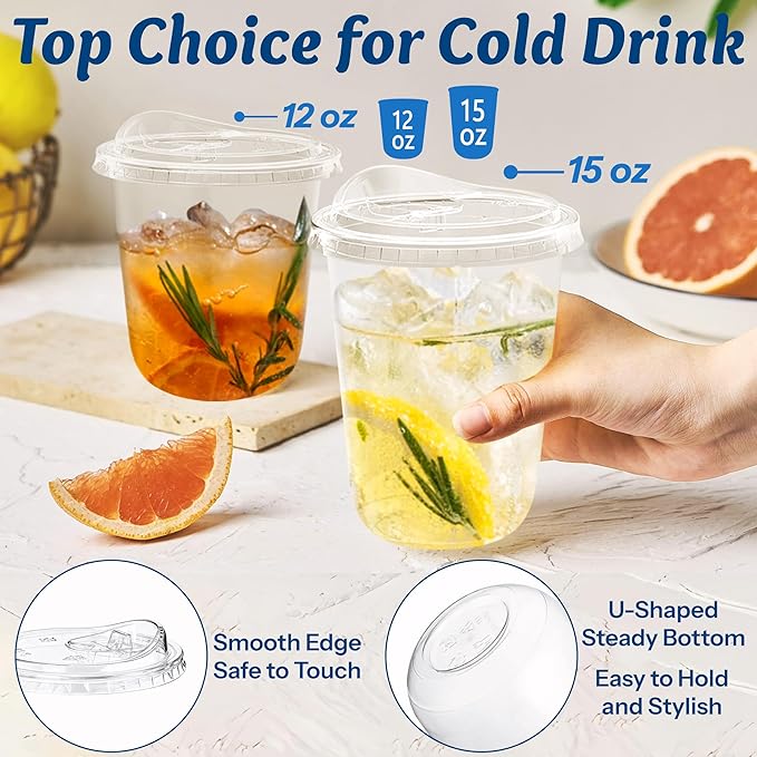 Homestockplus 15 oz Clear Plastic Cups with Lids (100 Pack) - Strawless Sip Lids, Leak-Proof & BPA-Free Iced Coffee Cups - Disposable Cold Drink Cups for Smoothies, Milkshake, Parties, Events