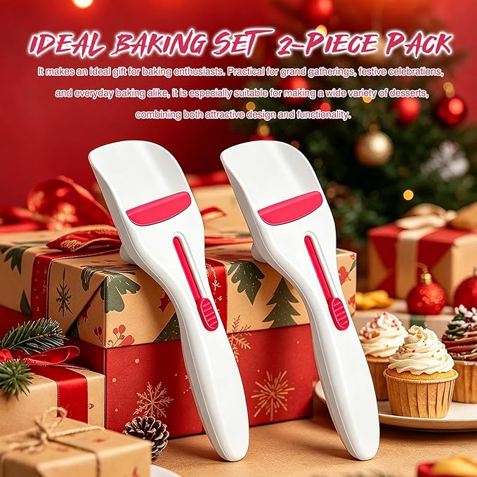 2pcs Pink Pastry Scoop Batter Dispenser with One-Touch Button, Baking & Pastry Dispensing Tool for Muffins, Cupcakes, Cookie Dough & Pancakes, BPA Free Dishwasher Safe Kitchen Gadget
