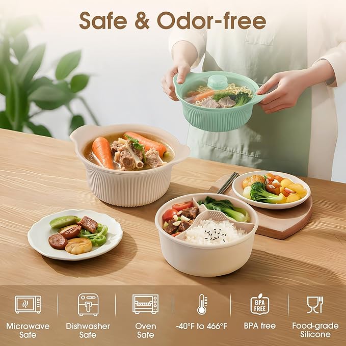42oz Microwave Silicone Steamer 3 Compartmented, 4 in 1 Large Microwave Pot with Handle & Lid for Vegetables/Baby Food, Oven & Dishwasher Safe, Easy Clean,100% Food Grade Steamer Bowl (Green)