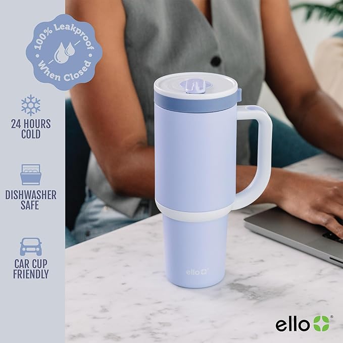 Ello Oasis 40 oz Tumbler with Handle & Retracting Straw | Reusable Insulated Stainless Steel Cup 100% Leakproof, Gifts for Teens Women Men | Keeps cold for 20 Hours, Cup Holder Friendly, Twilight