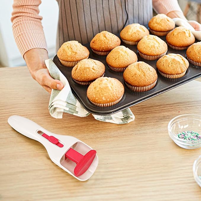 2Pcs Cupcake Scoop Batter Dispenser – One-Touch Sliding Button Dispenses Baking Tool for Muffins, Cakes, Pastry Spatula DIY Home Kitchen Scoopers Distribution Spoon, BPA Free & Dishwasher Safe