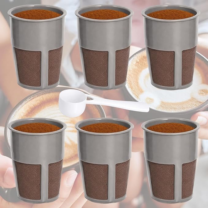 Podoy K250 Extra Reusable Coffee Inner Filter for Compatible with Keurigg My K Cup 2.0 K300 K350 K375 K400 K450 K475 Universal Grey (Pack of 6) with Coffee Spoon