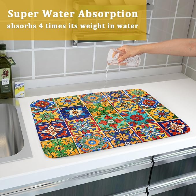 Mexican Tiles Dish Drying Mat for Kitchen Counter Absorbent Microfiber Dish Drying Pad Kitchen Gadgets Multi-use