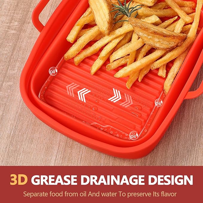 Collapsible 2-Pack Air Fryer Silicone Liners for 8QT & 10QT NINJA Foodi Dual, Reusable Rectangular Silicone Basket Pot for Air Fryer Accessories (Red)