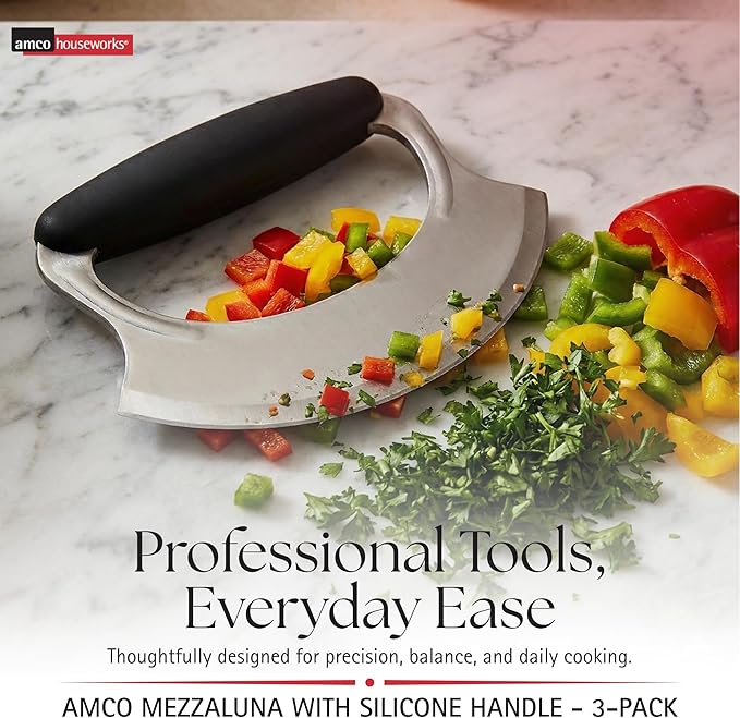 Amco 4.9" Mezzaluna with Silicone Handle (3 Pack) - Stainless Steel Blade, Versatile Chopping Tool for All Kitchen Needs - Non-Slip Grip, Easy to Use & Comfortable to Hold, Dishwasher Safe
