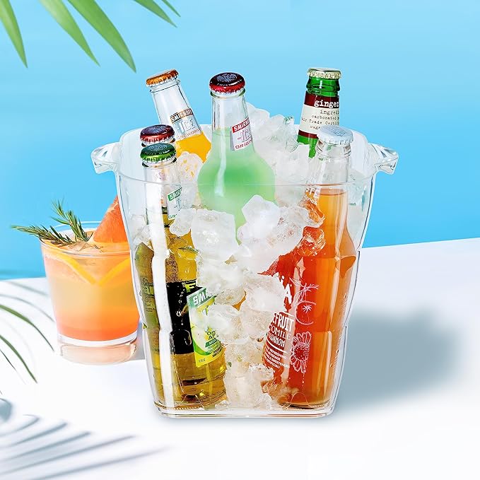 OGGI Acrylic Square Ice Bucket - Clear Beverage Cooler w/Handles, Wine Cooler, Beer Chiller, Ideal Drink Buckets for Parties, Use Ice Tub for Indoor or Outdoor Bars, 8˝ x 8˝