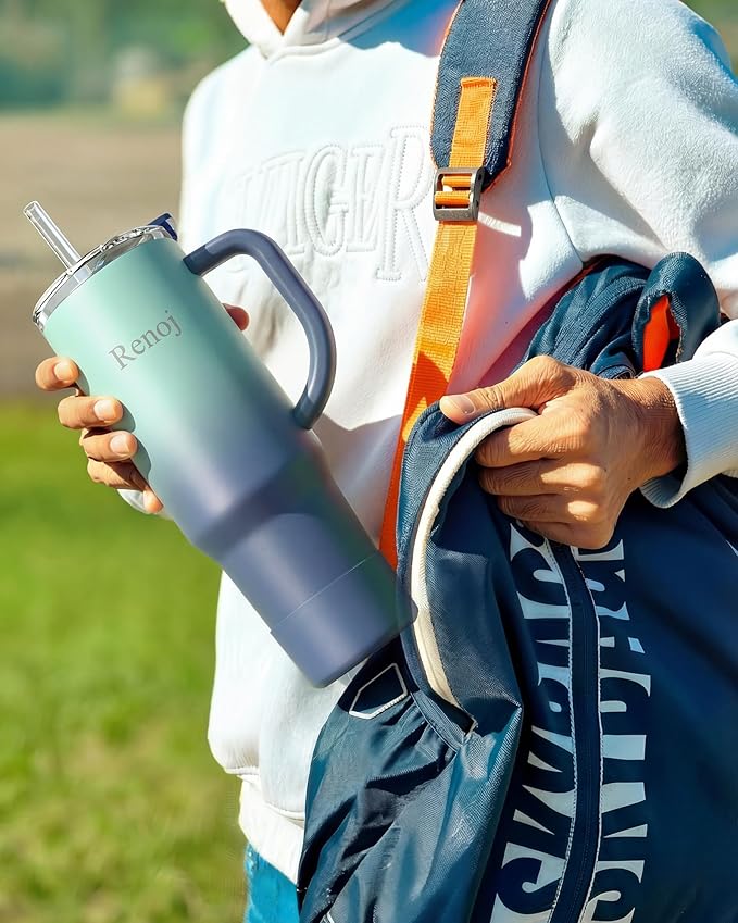 Renoj Insulated Mug 100% Leak Proof Insulated Water Bottle for Iced Coffee & Hot Drinks - Fits Car Cup Holder, Ideal Gift, 2 Straws & Silicone Boot - SnapShift Blue 40 oz