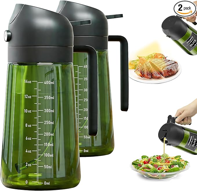 OURCABECUE Upgraded Made Oil Sprayer for Cooking 2 Set, 2 in 1 Spray and Pour Olive Oil Dispenser 16oz 470ml Dark Green Oil Spray Bottle, Mist Olive Oil Dispensing with Scale & 8 Labels