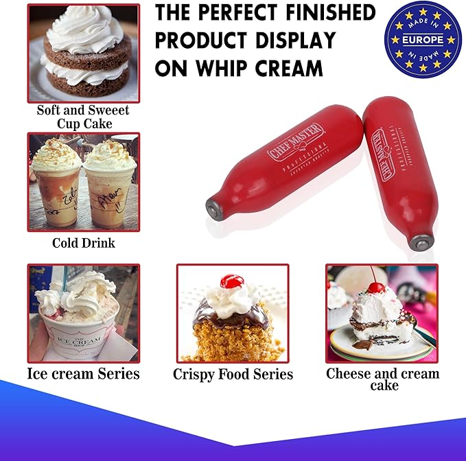 Chef Master 10 Pack N20 Whipped Cream Chargers - 8g Professional Nitrous Oxide Cartridges - Premium Whip Cream Charger Cartridge - Made in EU - Food-Safe Steel & Universal Fit for Dispensers - 90060