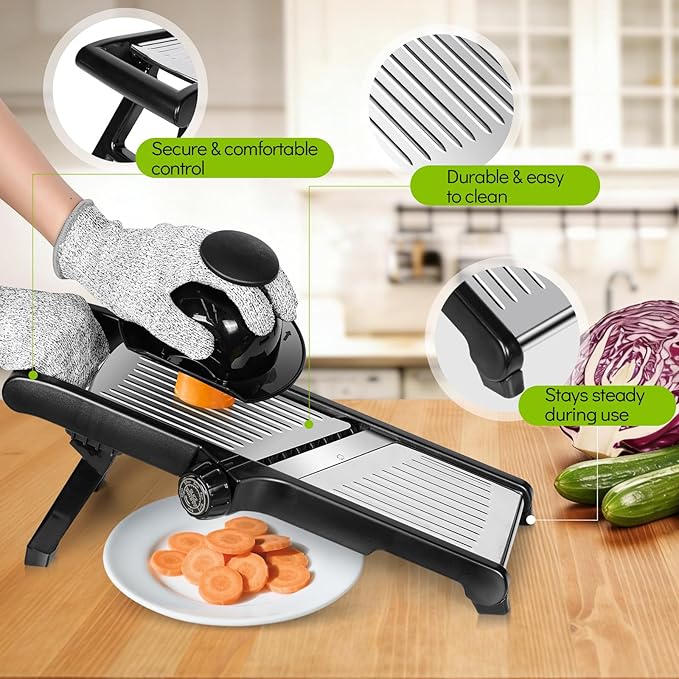 MASTERTOP Mandoline Slicer Adjustable Stainless Steel Food Slicer for Kitchen Vegetable Onion Potato Fruit French Fry Cutter Potato Chip Julienne Slicers with Cut Resistant Gloves
