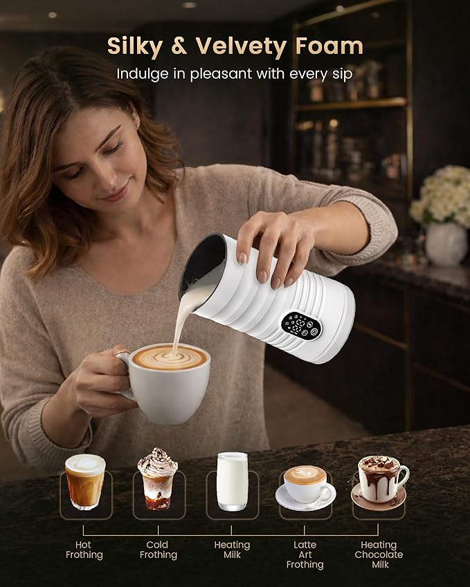 Milk Coffee Frother and Steamer,Temperature Display, 350lm, Burn-Free Base, Easy To Clean, 96% High Foam Rate,Ultra-Quiet Operation,Electric Cold Foam Maker Machine,Hot Chocolate Frother - Milky White