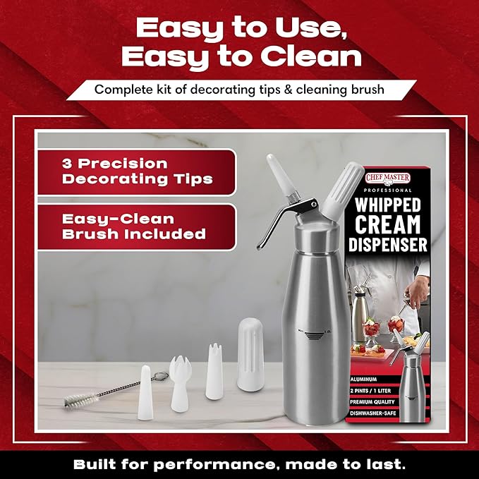 Chef Master (2 Pint / 1 Liter) Aluminum Whipped Cream Dispenser - Decorating Tips for Desserts, Coffee, Latte + Cleaning Brush - Whip Cream Dispenser Canister for Home, Bakery or Restaurant - 90077