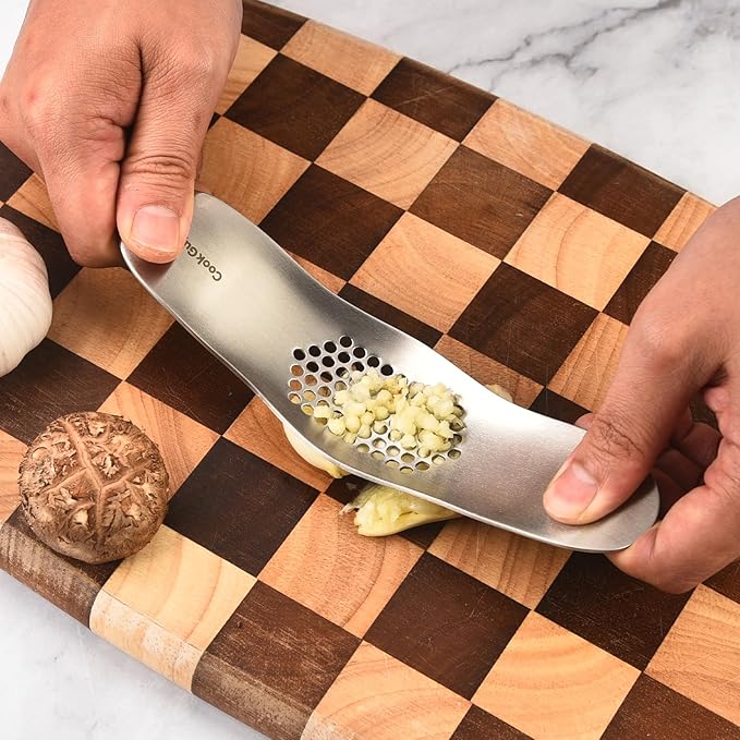 Cook Guy Garlic Press Rocker Set -304 Stainless Steel Premium All-Steel Garlic Mincer, Crusher, Peeler, and Scraper Tool for Effortless Mincing –Dual-Handle Garlic Grinder(B0201)