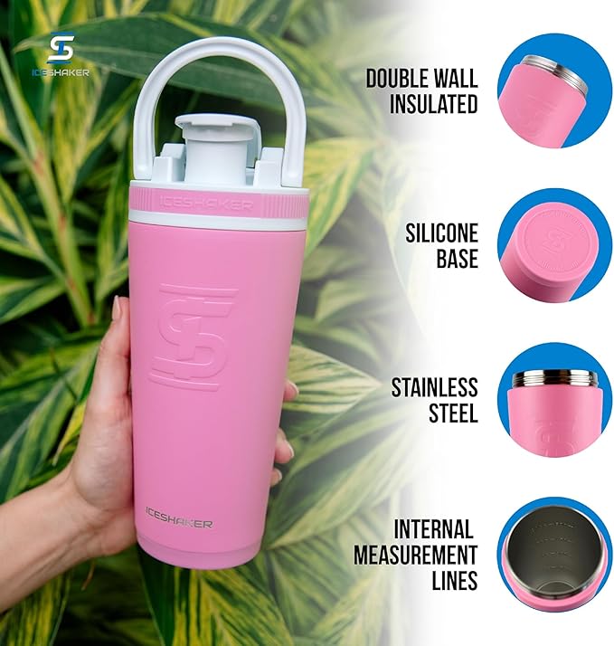Ice Shaker Insulated Stainless Steel Shaker Bottle | 26oz, Pink | Cold for 30+ Hours | Insulated Cup with Twist-on Agitator | Odor-Free Bottle for Protein Shakes, Water, Smoothies, Cocktails