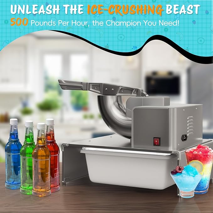 VALONDINO Snow Cone Machine Shaved Ice, 500LB/H Commercial Ice Crusher Shaved Ice Machine Fluffy, 300W Industrial Commercial Big Ice Shaving Machine for Snow Cones for Home Party