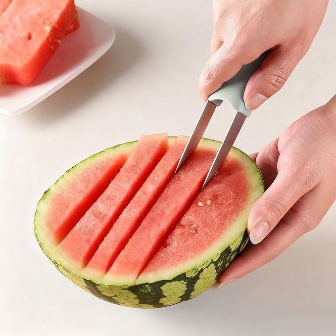 Watermelon Cutter Slicer Tool 3 in 1, Stainless Steel Melon Slicer & Fruit Cutter for Watermelon, Cantaloupe, Mango, Kitchen Gadget for Family, Camping, Picnic