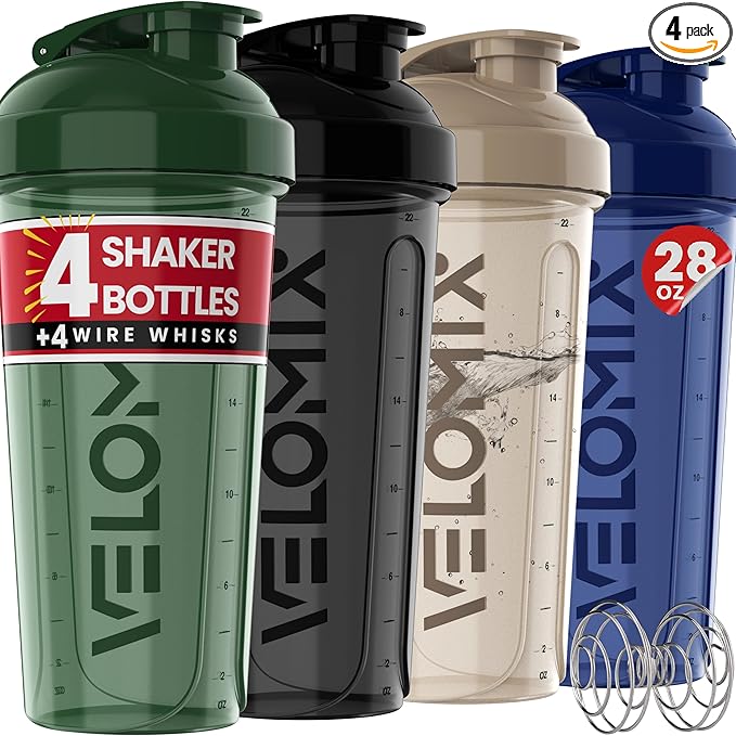 VELOMIX -4 PACK 28 Oz Protein Shaker Bottle for Protein Mixes - 4x Wire Whisk | Leak Proof Shaker Cups for Protein Shakes | Large, Stackable Protein Shaker Bottle Pack | Dishwasher Safe (Forest Edge)