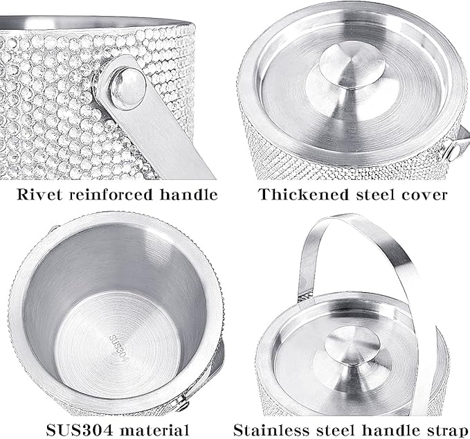 Bling Double Walled Stainless Steel Ice Bucket with Ice Tong & Lid [2 Liter] ，Shiny Insulated Ice Bucket Included Strainer Keeps Ice Cold & Dry, for Home Bar, Chilling Beer, Champagne, Red Wine