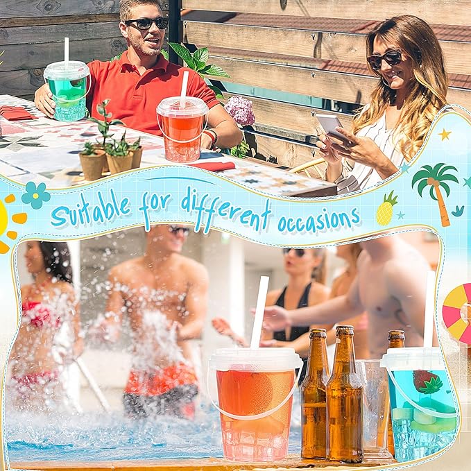 Funnymoom 30 Set 34oz Clear Plastic Drink Buckets with Lids and Straws Disposable Iced Coffee Cups Rum Buckets for Cocktail Parties Smoothie Cup Bulk with Handles for Beach Pool Party Supplies