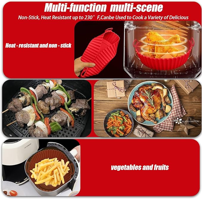 2 Pack Air Fryer Liners,8.5 Inch Silicone Airfryer Liners,Air Fryer Accessories,Reusable Baking Tray Oven Accessories,Replacement of Flammable Parchment Paper (Red Blue) (RED&BLUE&Green)