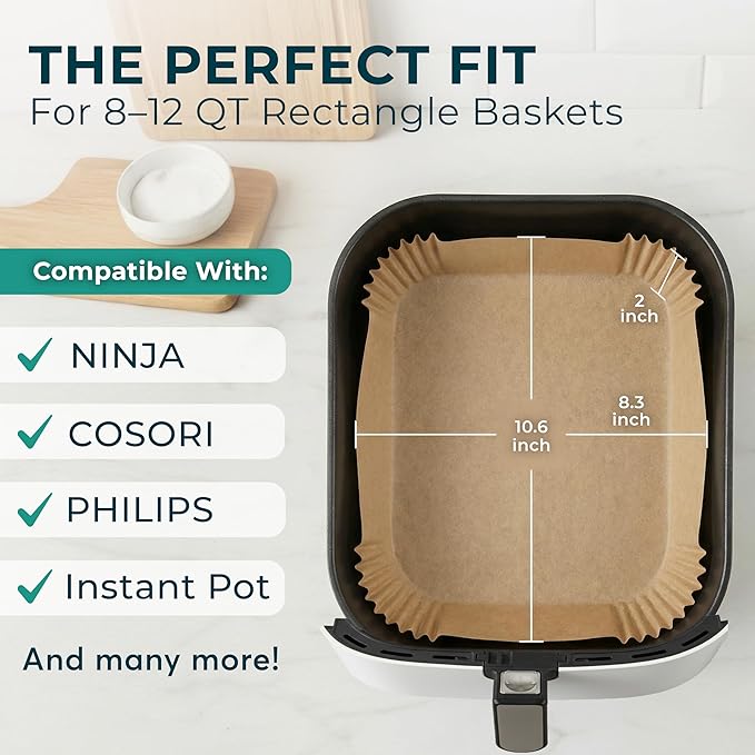 Cathy Yoder's XL Rectangle Air Fryer Liners, 125 PCS 10.6 inch Air Fryer Liners Disposable Rectangular, 8-12 QT Easy Cleanup Rectangular-Shape AirFryer Liner Parchment Paper for Cooking & Baking