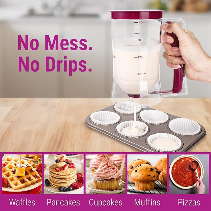 Pancake Batter Dispenser Set – 900ml No-Drip Pancake Dispenser with Squeeze Handle, Fun Family Breakfast Baking Kit for Kids with Spatula, Whisk & 3 Cookie Cutters for Pancakes, Waffles & Cupcakes