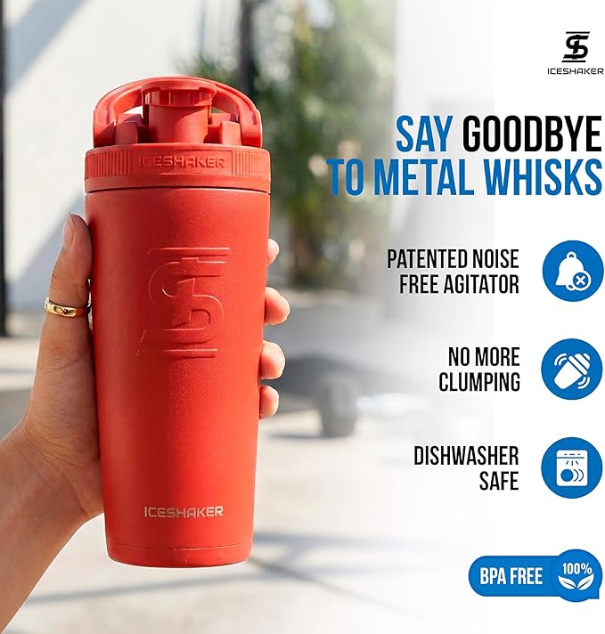 Ice Shaker Insulated Stainless Steel Shaker Bottle | 26oz, Red Color Rush | Cold for 30+ Hours | Insulated Cup with Twist-on Agitator | Odor-Free Bottle for Protein Shakes, Water, Smoothies, Cocktails
