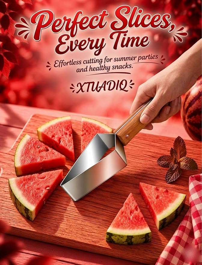Stainless Steel Watermelon Slicer, 2026 New Triangle Watermelon Cutter, Stainless Steel with Wooden Handle for A Wide Variety Watermelon, Cantaloupe, Honeydew, Apples, and More (1pcs)