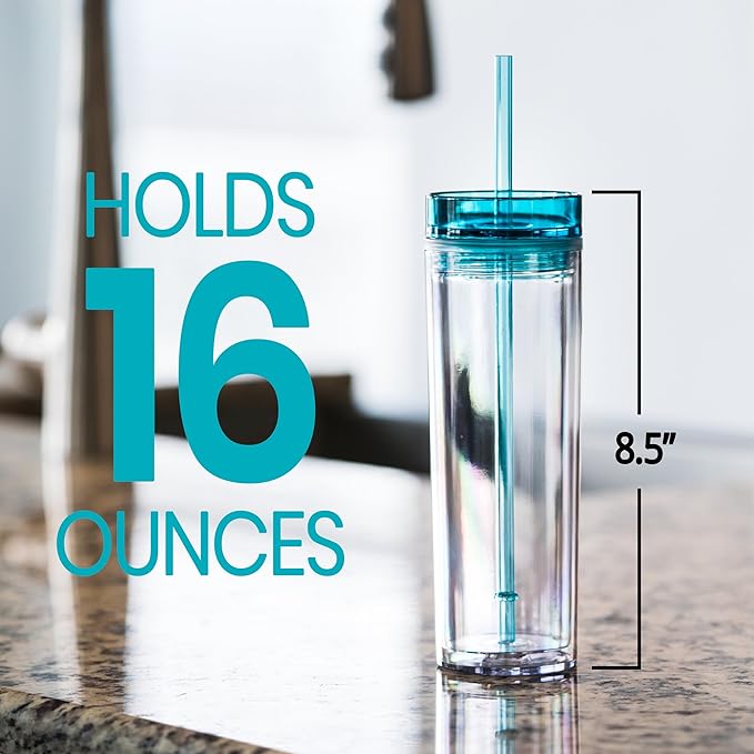 SKINNY TUMBLERS 4 Colored Acrylic Tumblers with Lids and Straws | Skinny, 16oz Double Wall Clear Plastic Tumblers With FREE Straw Cleaner & Name Tags! (Multicolor, 4)