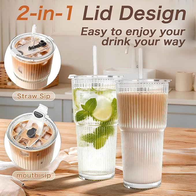 20oz Glass Tumblers with Lids and Straws, Set of 4, Reusable Iced Coffee Cups, Vintage Drinking Glasses, Ribbed Glassware for Cocktail Beer, Juice, Home, Office, Party Gifts, Dishwasher Safe