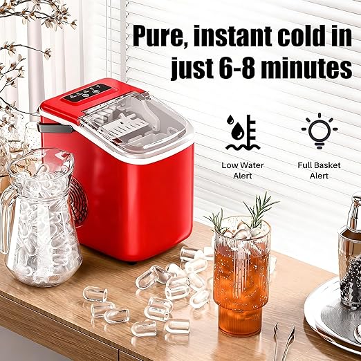 Small Portable Countertop Ice Maker, 26lbs/24H Ice Machine with Self-Cleaning, 6-8 Mins Fast Ice Making,Quiet Operation, Compact Ice Maker with Handle for Home Kitchen Camping RV (red, 26lbs)