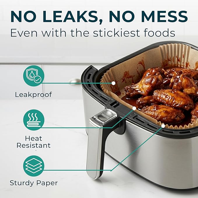 Cathy Yoder's AirFryer Paper Liners, 125 PCS 8-inch Square Air Fryer Liners Disposable, Premium, Food-Grade Easy Cleanup Air Fryer Parchment Paper Sheets, Airfryer Liner for 5-8QT, Baking & Roasting