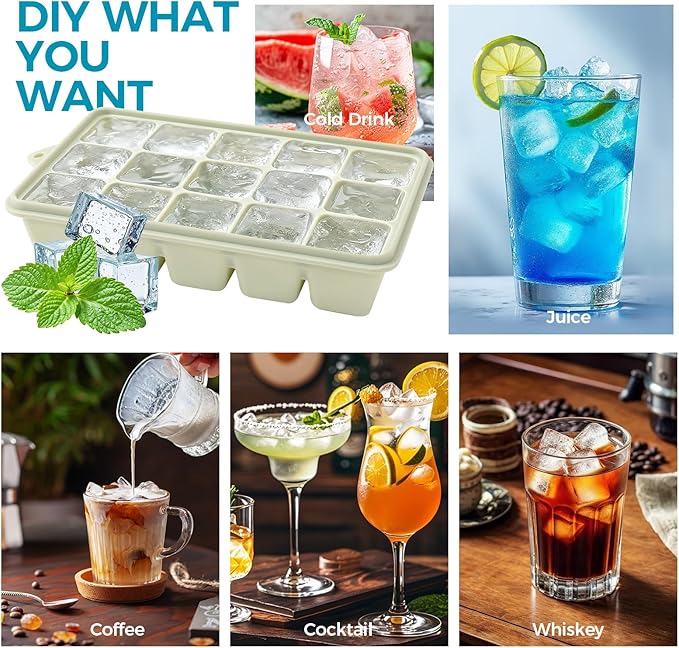 Silicone Ice Cube Trays with Lids 3-Pack, 15-Cavity Ice Tray Set for Freezer, Easy-Release BPA-free Ice Cube Mold for Whiskey, Coffee, Cocktails and More (3, Green+Blue+Pink)